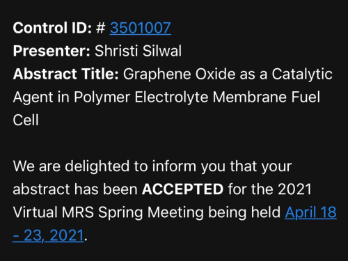Shristi Silwal will be presenting her research work "Graphene Oxide as a Catalytic Agent in Polymer Electrolyte Membrane Fuel Cell" at the Materials Research Society Spring Meeting and Exhibit on April 17 - 23 2021