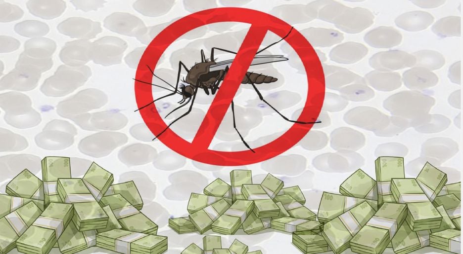 A illustration of a red circle with red line through it over a mosquito with bundles of dollar bills at the bottom