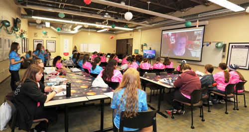 The Iron Range Engineering program students during a lecture in a classroom at the 4th annual WE Bareak Barriers overnight event for high school girls interested in engineering at Iron Range Engineering, Virginia, MN