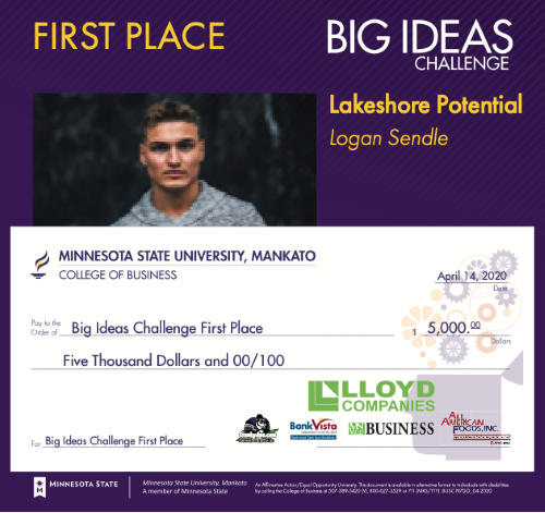 The 2020 Big Ideas Challenge first place winner, Logan Sendle, posing with the giant check he won from the College of Business