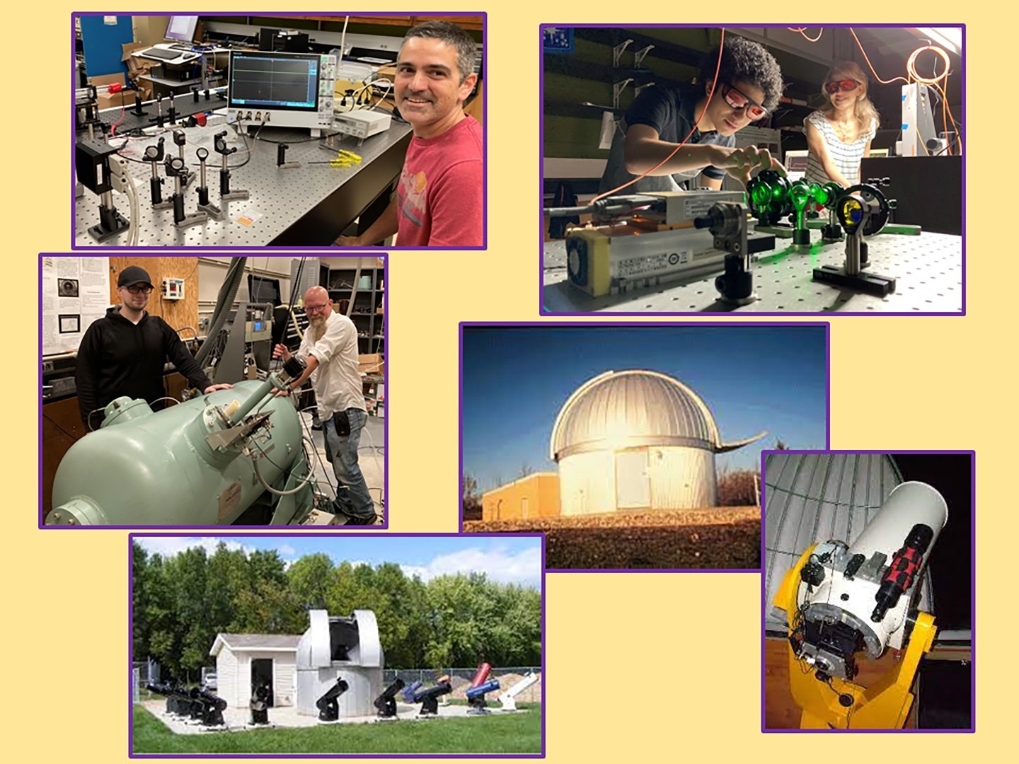 A collage of Physics and Astronomy teams working on different projects in the labs