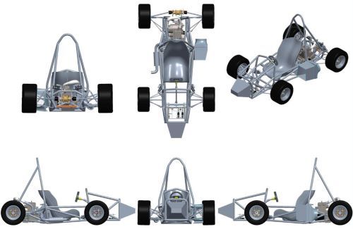CAD illustration of a formula-style racing car at six different angles