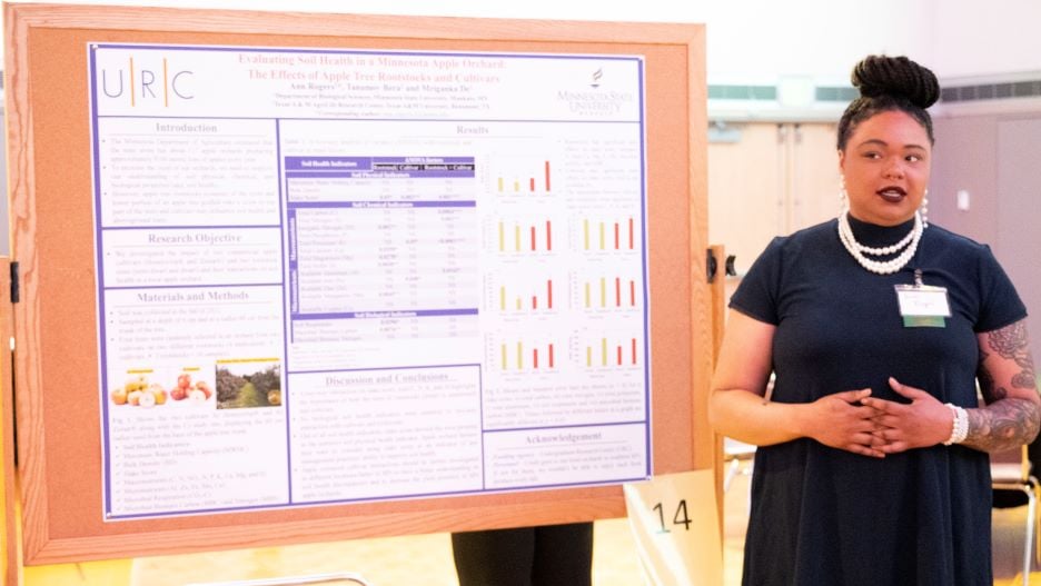 Anne posing next to her presentation board at the 2022 Undergraduate Research Symposium