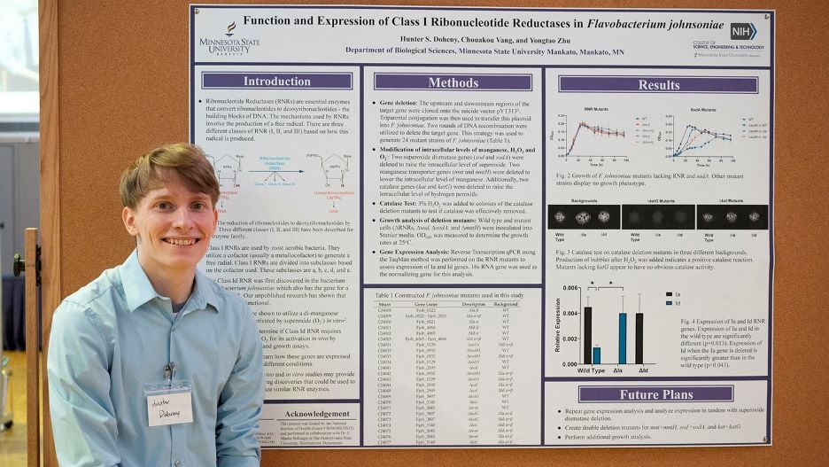 Hunter posing next to his presentation board at the 2022 Undergraduate Research Symposium