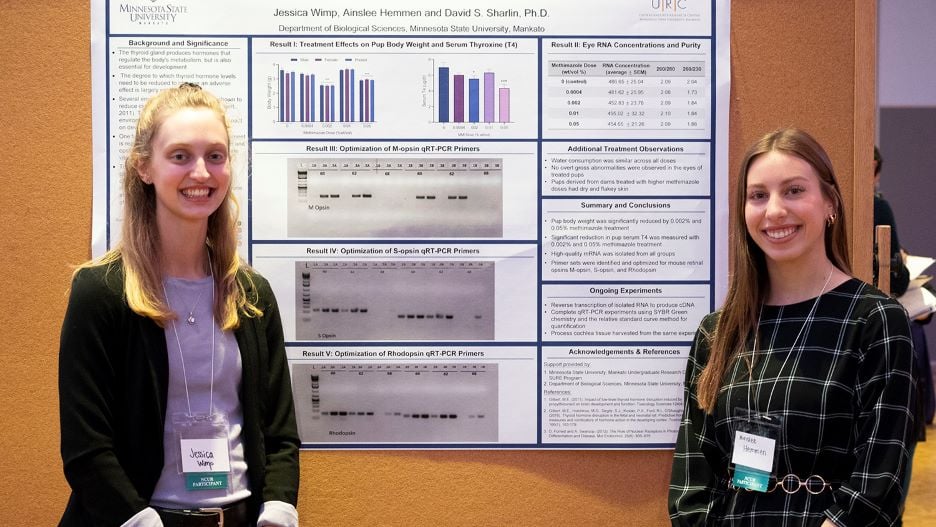 Jessica and Ainslee posing next to their presentation board at the 2022 Undergraduate Research Symposium