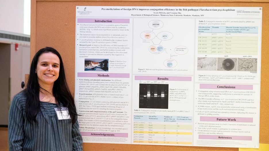 Seada posing next to her presentation board at the 2022 Undergraduate Research Symposium