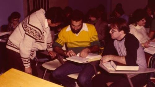 Construction Management students studying together in the class room during the 1980s