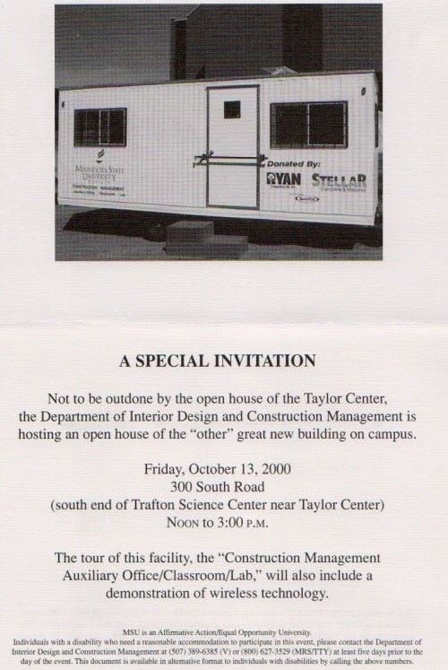 A special invitation for an open house of the Construction Management facilities with a photo of a job-site trailer