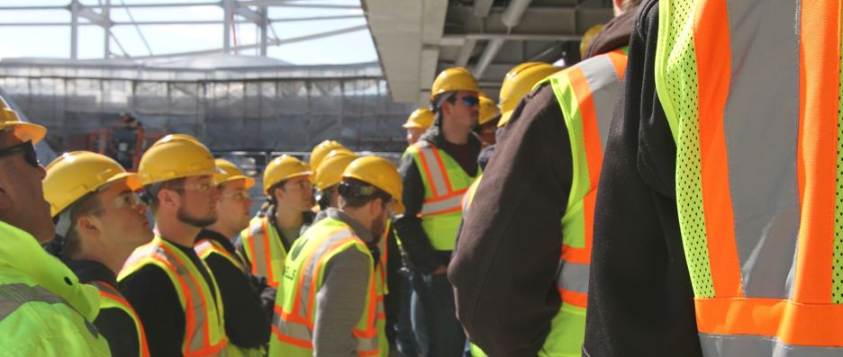40 Construction Management students on a Wells Concrete site tour of their new Allianz Field