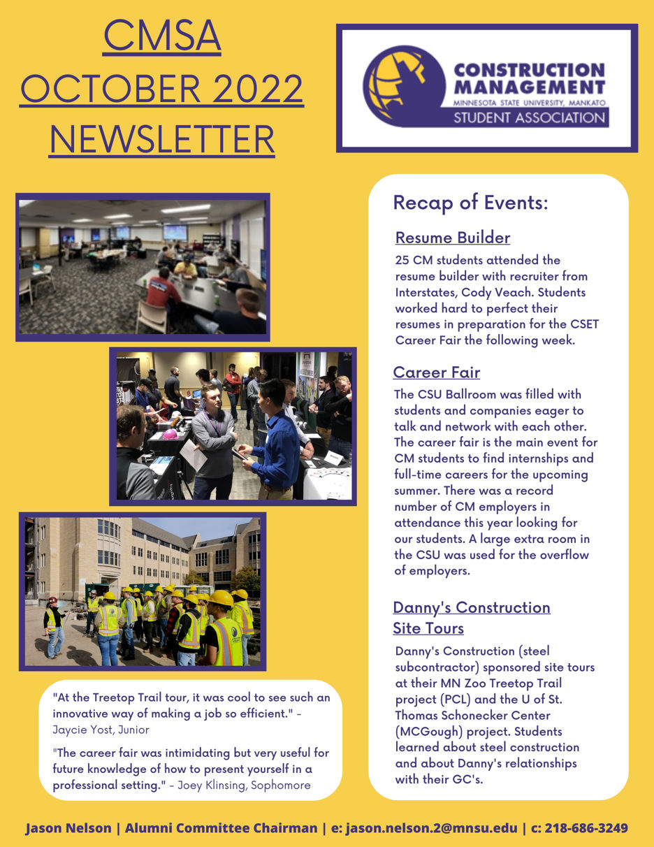 Construction Management Student Association October 2022 Newsletter containing recap of Events: Resume Builder, Career Fair, Danny's Construction site tours. Includes images of student activities of Construction Management department