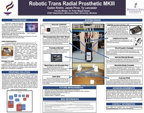 Robotic Trans Radial Prosthetic MKIII project's design document overview which consists of Background section, proposed solution section, system design section, future improvements section, IEEE References section, Acknowledgements section and contact information section