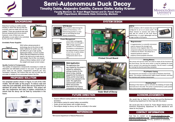 Semi Autonomous duck decoy project's design document overview which consists of Background section, proposed solution section, system design section, future improvements section, IEEE References section, Acknowledgements section and contact information section