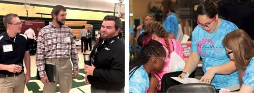 Photo of Integrated Engineering programs of Minnesota State University staff talking in the gym and a photo of staff helping student engineers on a project