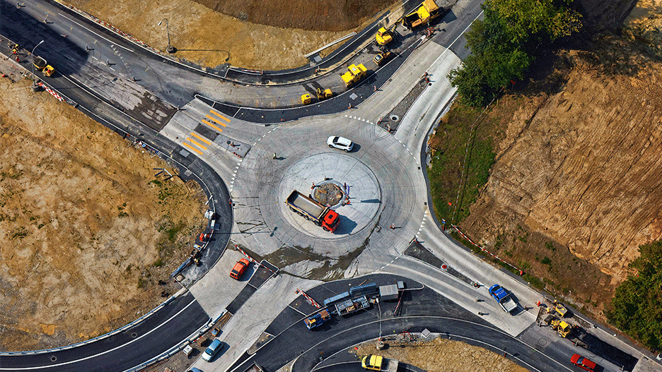 aerial view of road construction of a round about